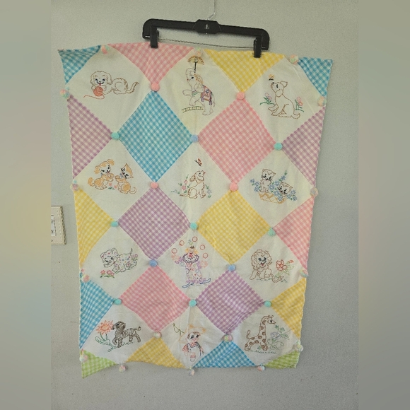vintage baby crib quilt blanket hand embroidered nursery Cat, Clown, Rabbits *re - Picture 1 of 13